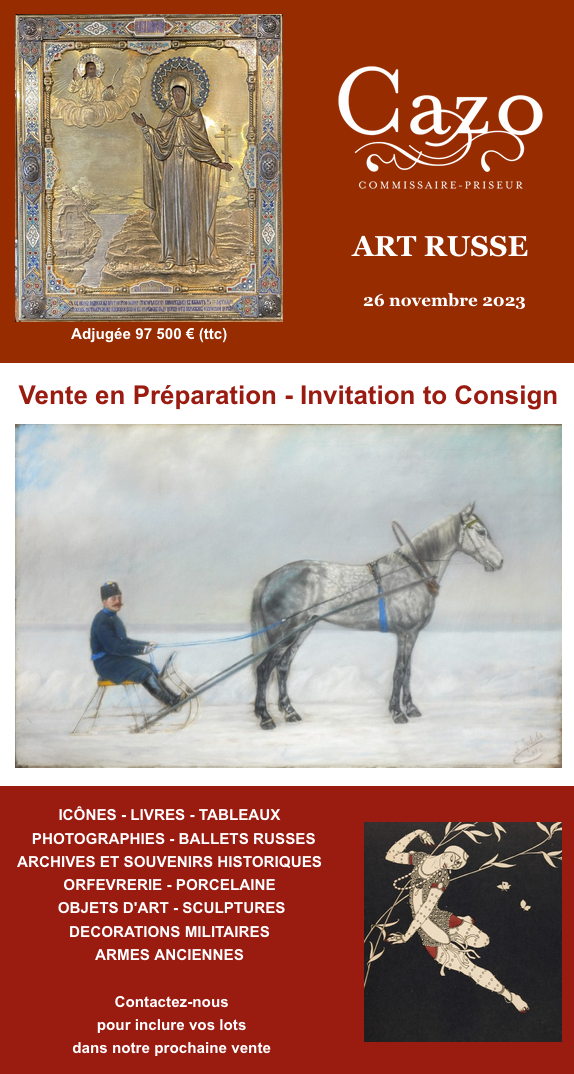 Illustration. Maison de ventes Cazo. Art russe. Vente en préparation - Invitation à consigner. 2023-11-26